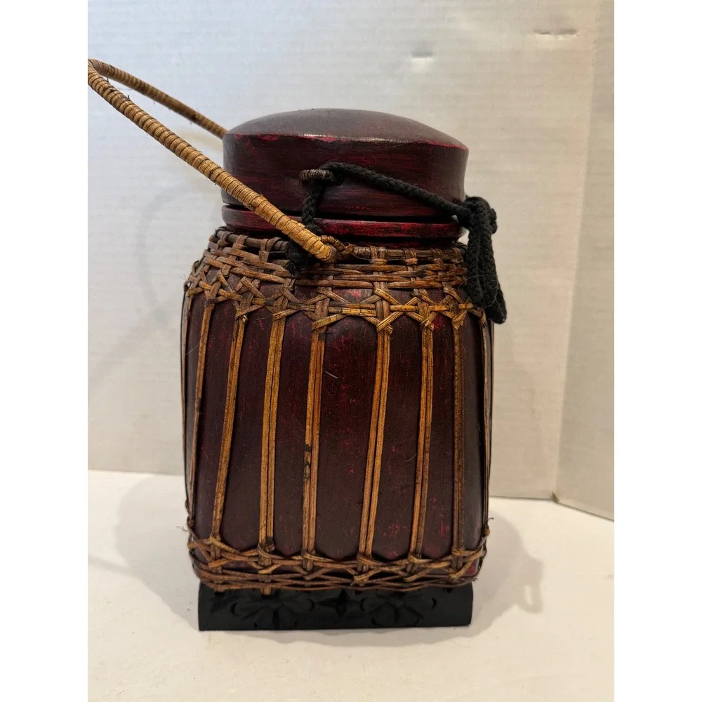 Thai Rice Basket Decorative Woven Bamboo Wood Red Black Bohemian Handcrafted